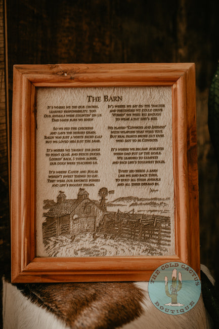 "The Barn" Cowhide Poem with Custom Cedar Frame (10X12)