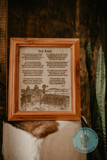 "The Barn" Cowhide Poem with Custom Cedar Frame (10X12)