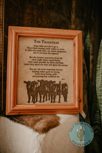 "The Tradition (Angus)" Cowhide Poem with Custom Cedar Frame (10X12)