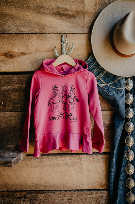 Girls Pink "Cowgirls Supporting Cowgirls Pink Hooded Ruffle Sweatshirt by Wrangler
