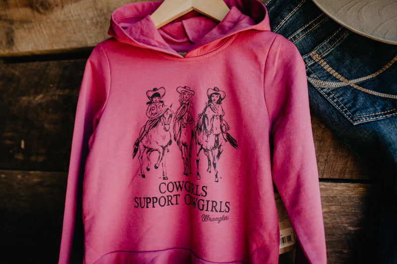 Girls Pink "Cowgirls Supporting Cowgirls Pink Hooded Ruffle Sweatshirt by Wrangler