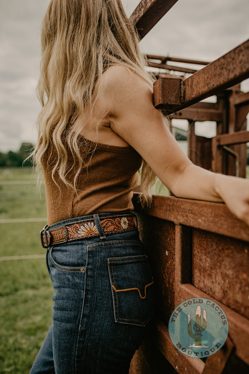 Daisy Handpainted Tooled Belt with Buckle