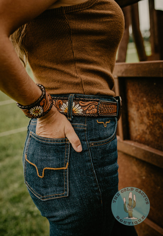 Daisy Handpainted Tooled Belt with Buckle