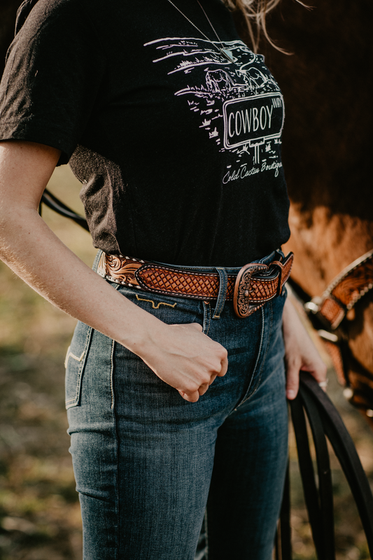 Sunflower Tooled Belt with White Buck Stitching and Buckle