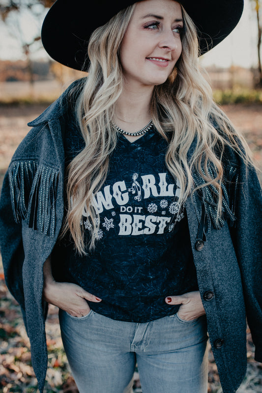 'Cowgirls Do It Best' CC Exclusive Mineral Wash Black V Neck Graphic T
