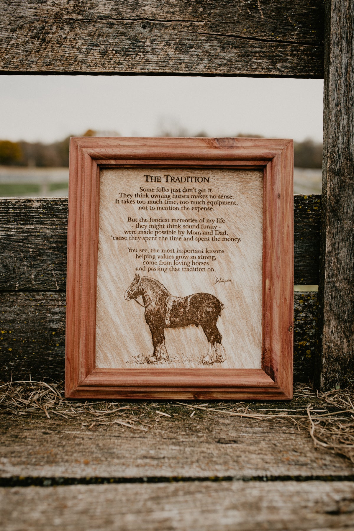 "The Tradition (Draft Horse)" Cowhide Poem with Custom Cedar Frame (10X12)