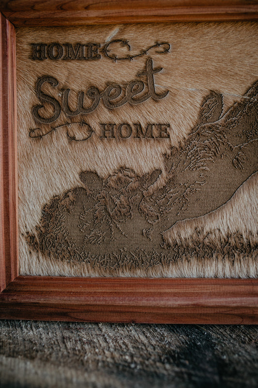 "Home Sweet Home - Cow Calf Pair" Cowhide Sign with Custom Cedar Frame (10X12)