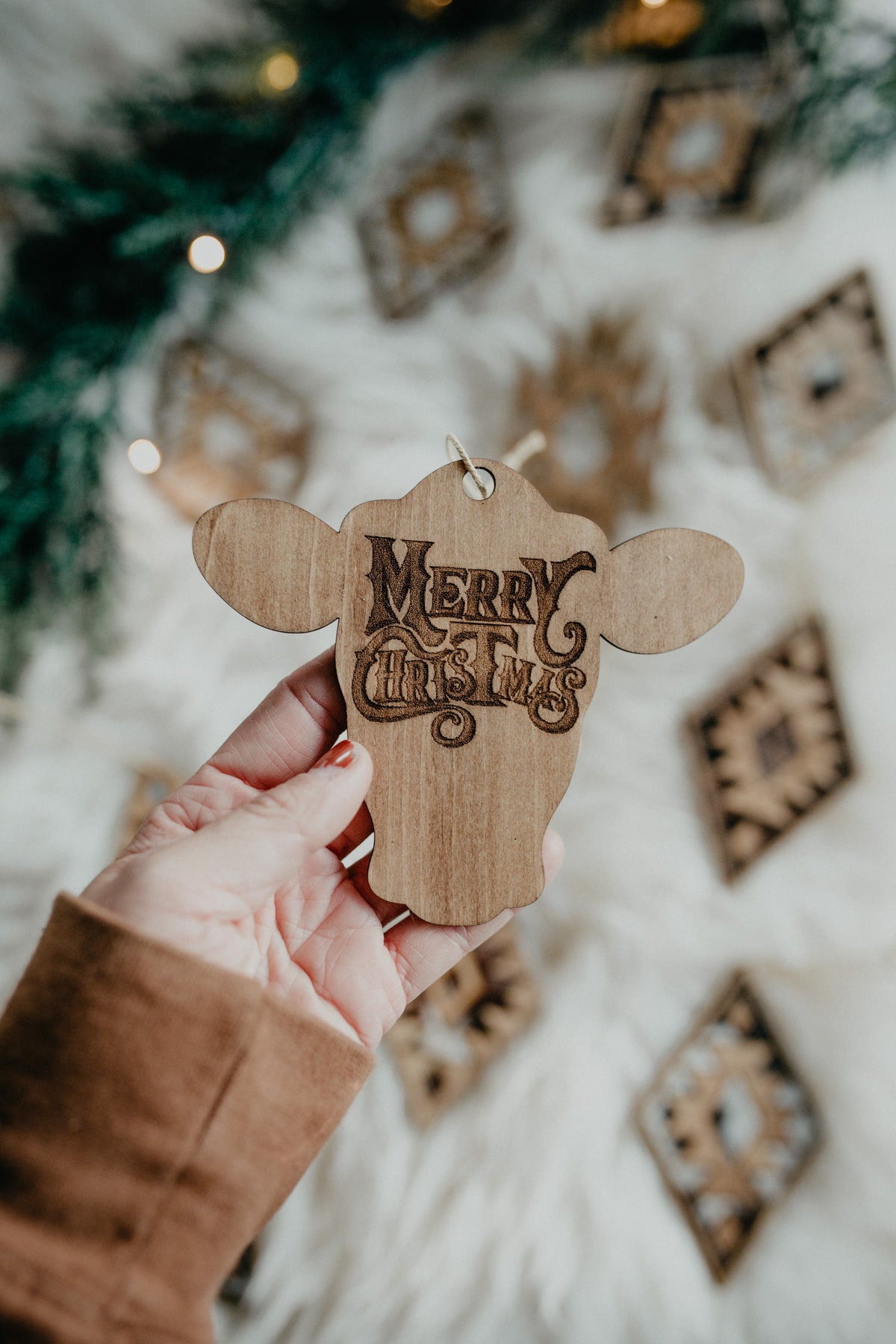 "Merry Christmas" Wooden Cow Ornament