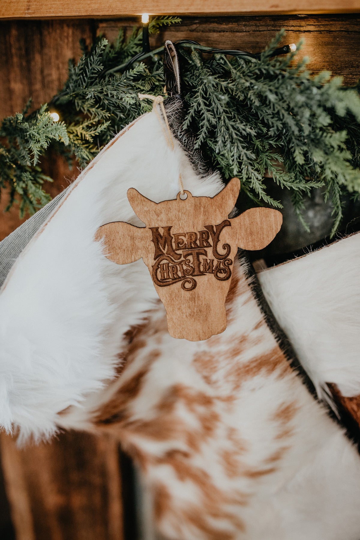"Merry Christmas" Wooden Cow Ornament