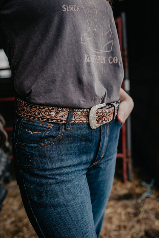 Tooled Leather Belt with Ivory Buck stitch and Inlay