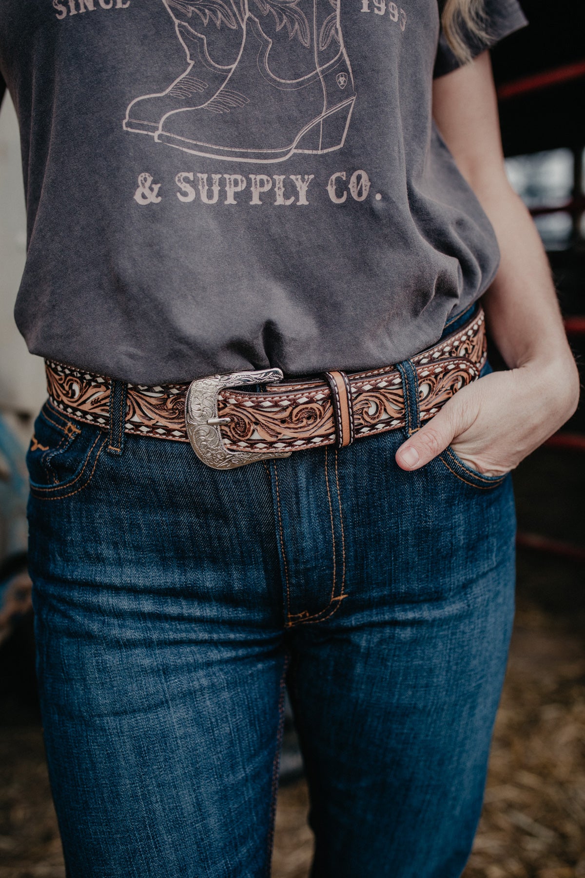 Tooled Leather Belt with Ivory Buck stitch and Inlay