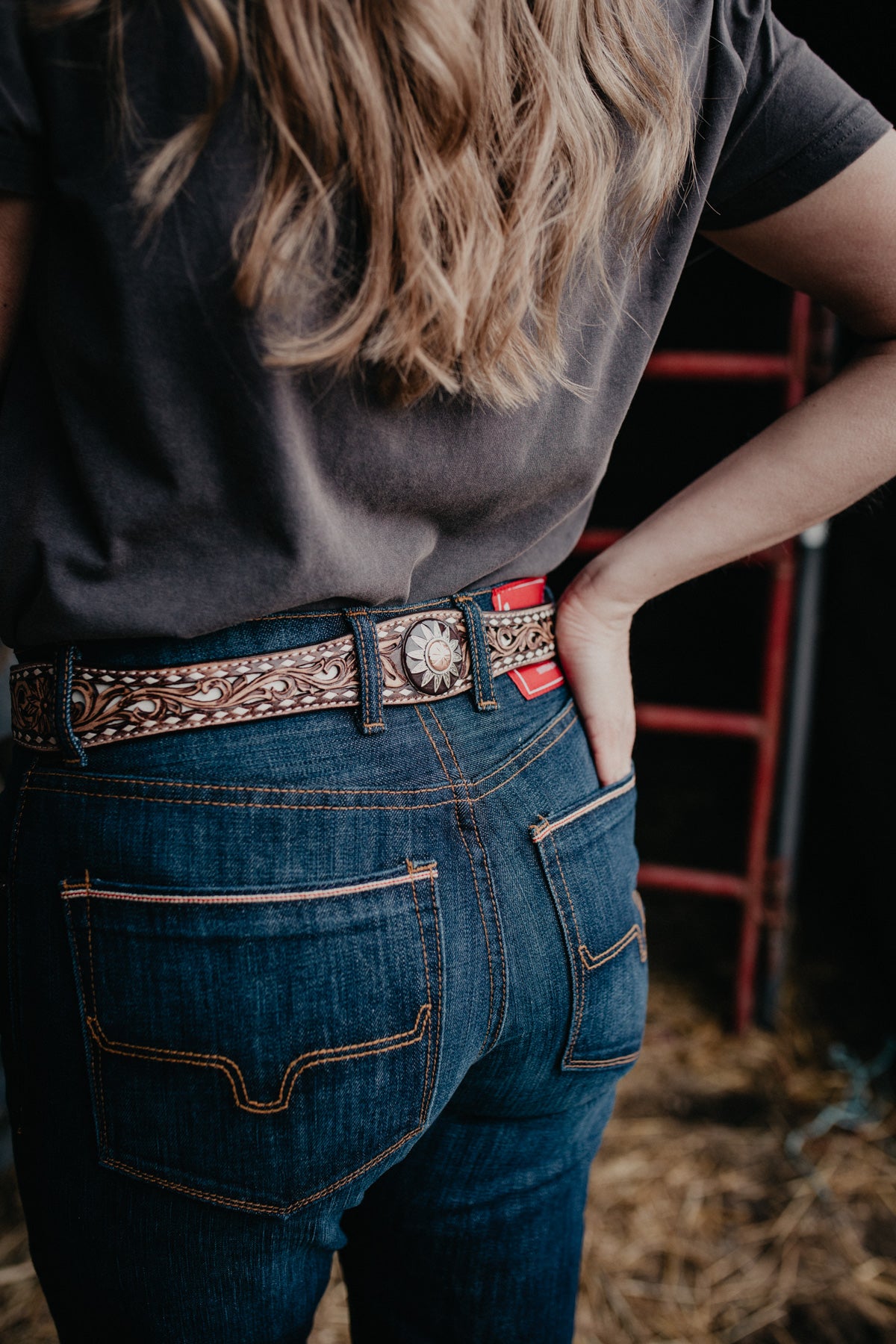 Tooled Leather Belt with Ivory Buck stitch and Inlay