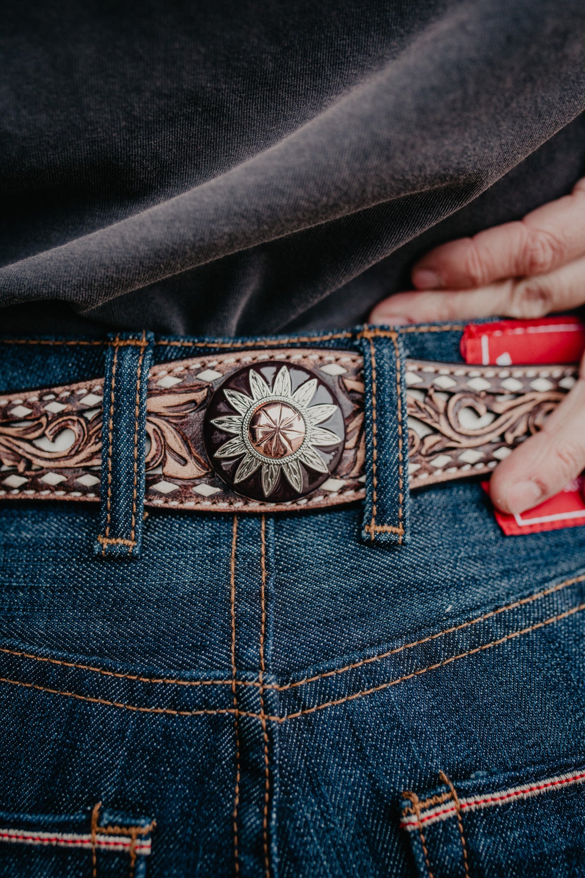 Tooled Leather Belt with Ivory Buck stitch and Inlay