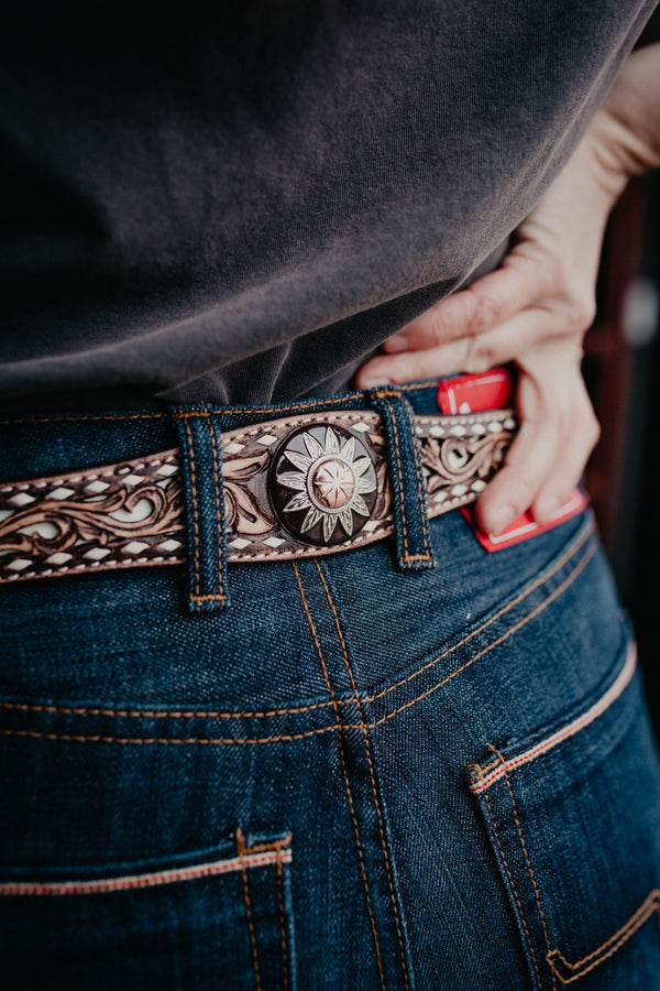 Tooled Leather Belt with Ivory Buck stitch and Inlay – Cold Cactus Inc.