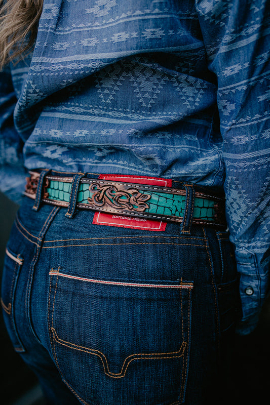 Tooled Leather Belt with Turquoise 'Gator' Inlay