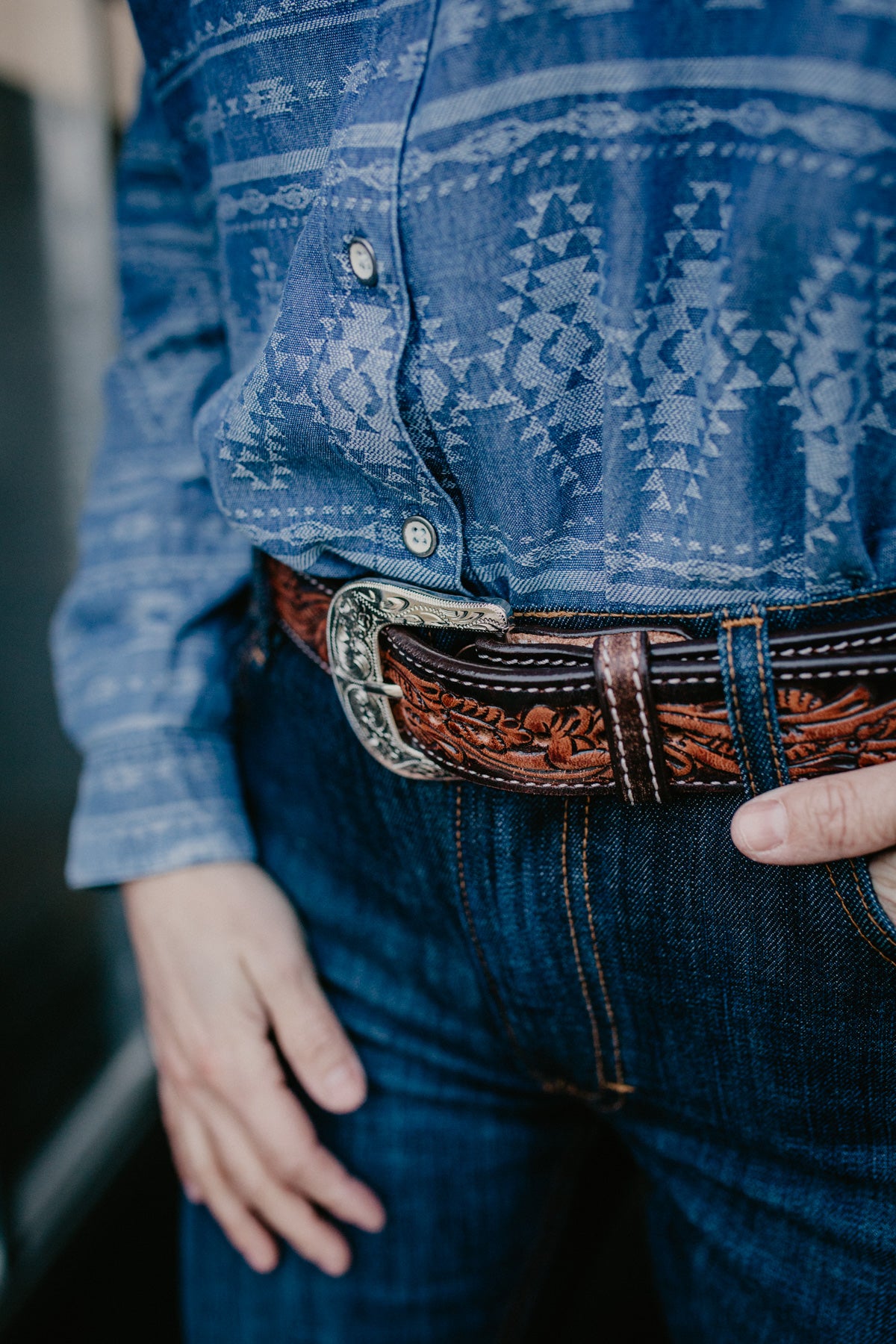 Tooled Leather Belt with Turquoise 'Gator' Inlay