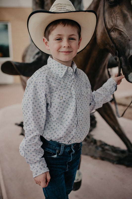 Boy's Wrangler 20X® Competition Ivory & Blue Geometric Pearl Snap Shirt (One L Only)