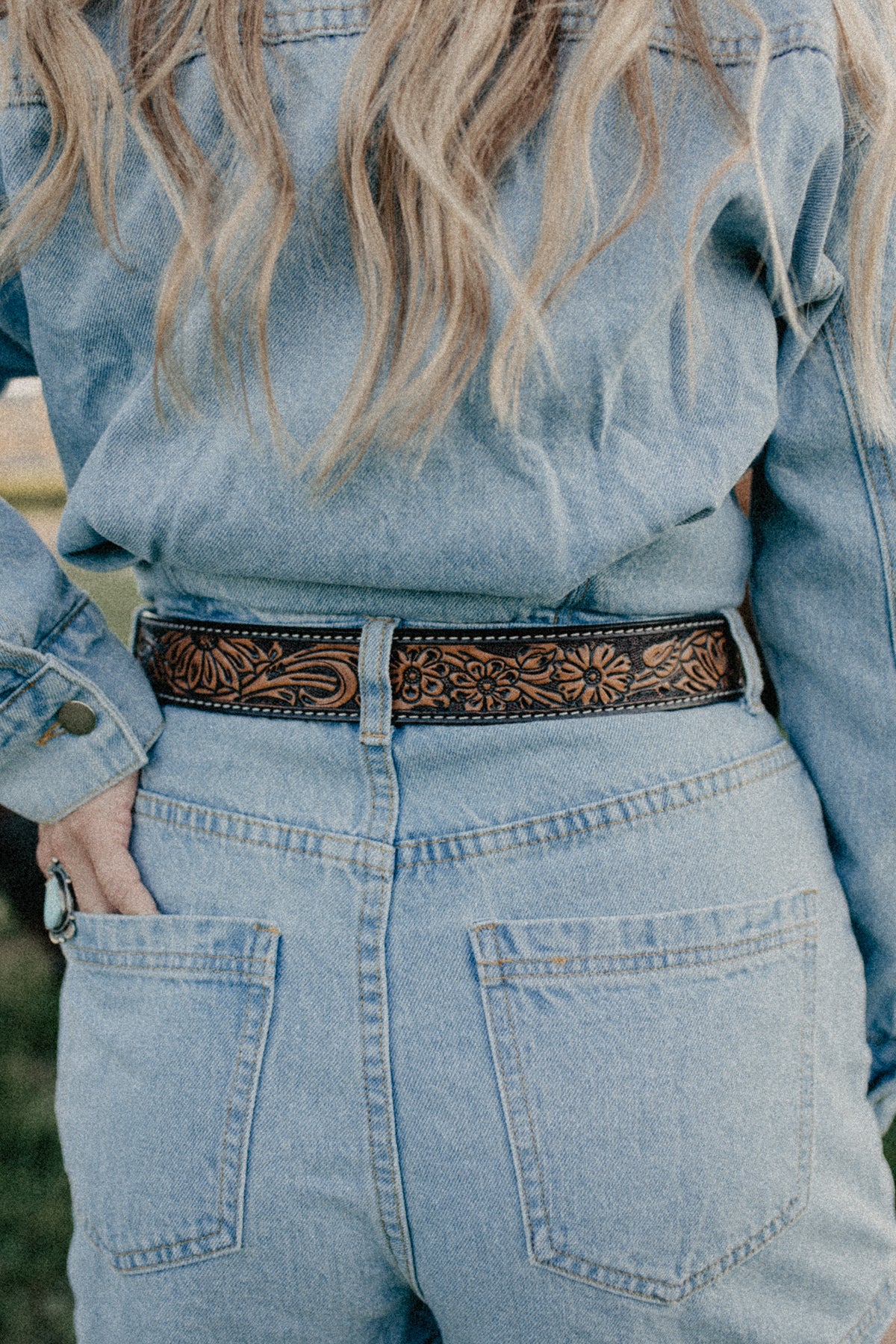 Floral Tooled Leather Belt with Silver Buckle