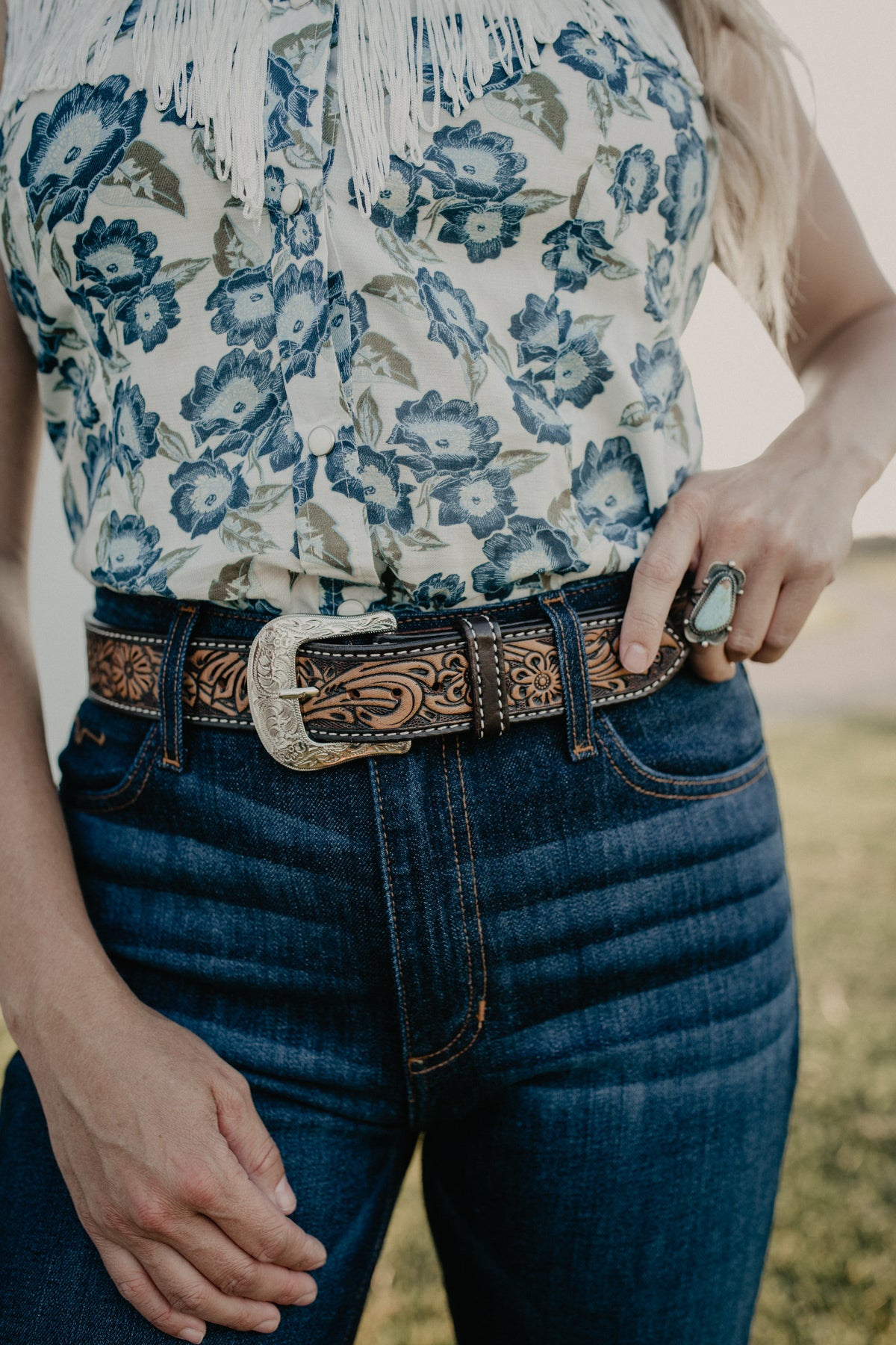 Floral Tooled Leather Belt with Silver Buckle