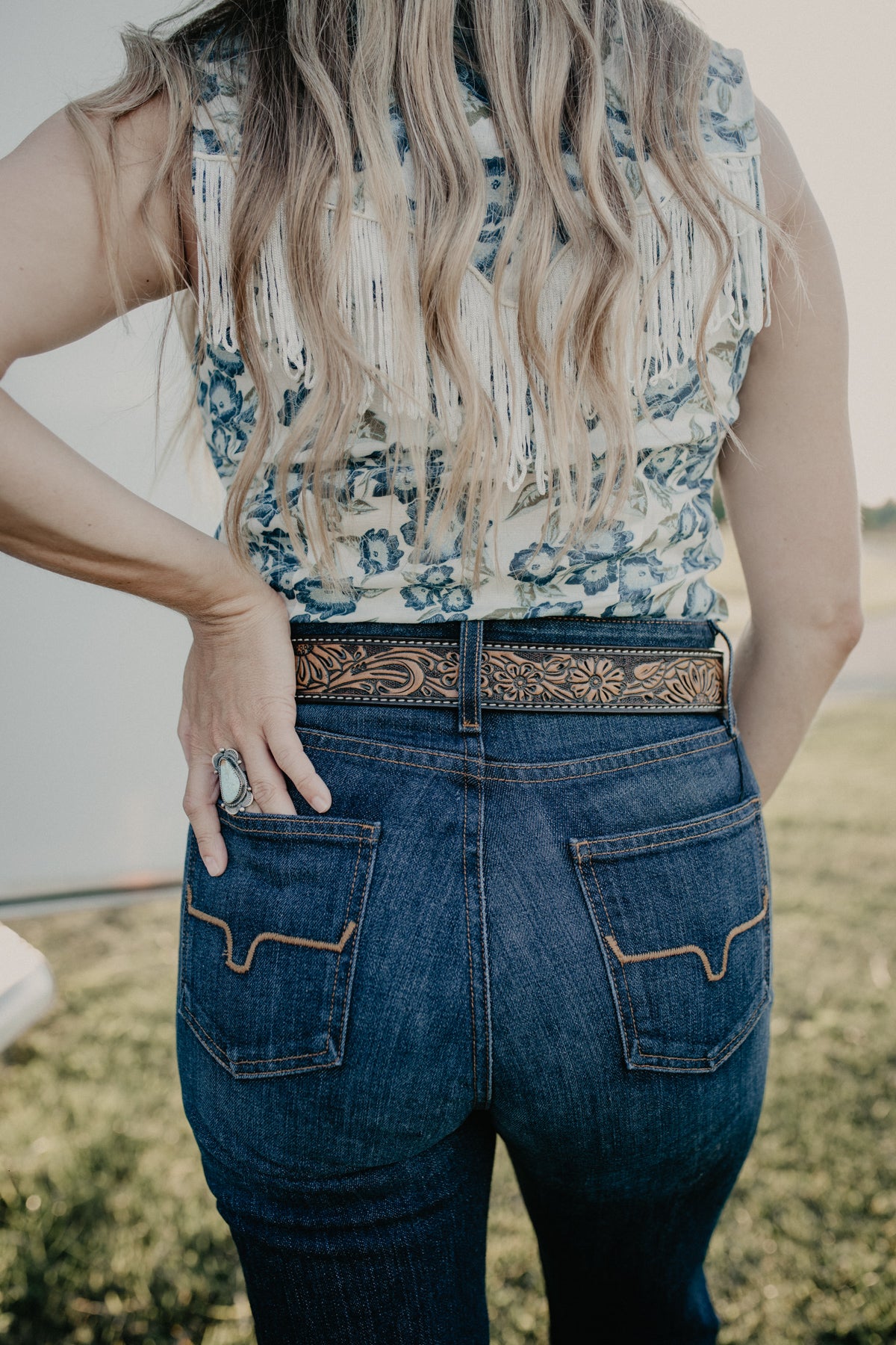Floral Tooled Leather Belt with Silver Buckle