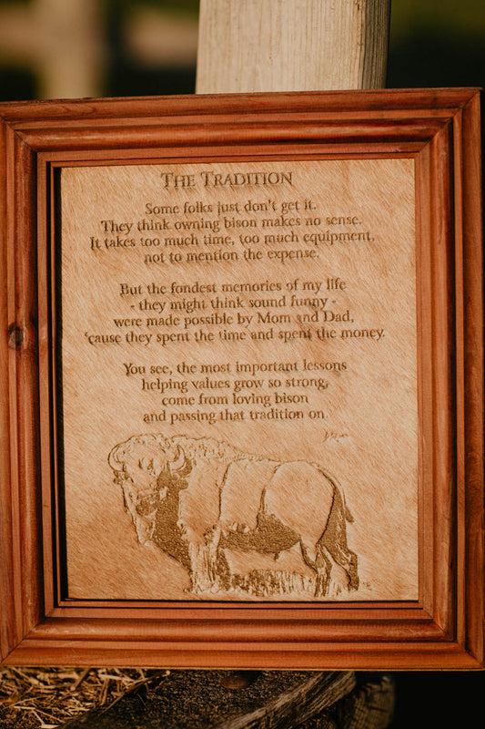 "The Tradition (Bison)" Cowhide Poem with Custom Cedar Frame (10X12)