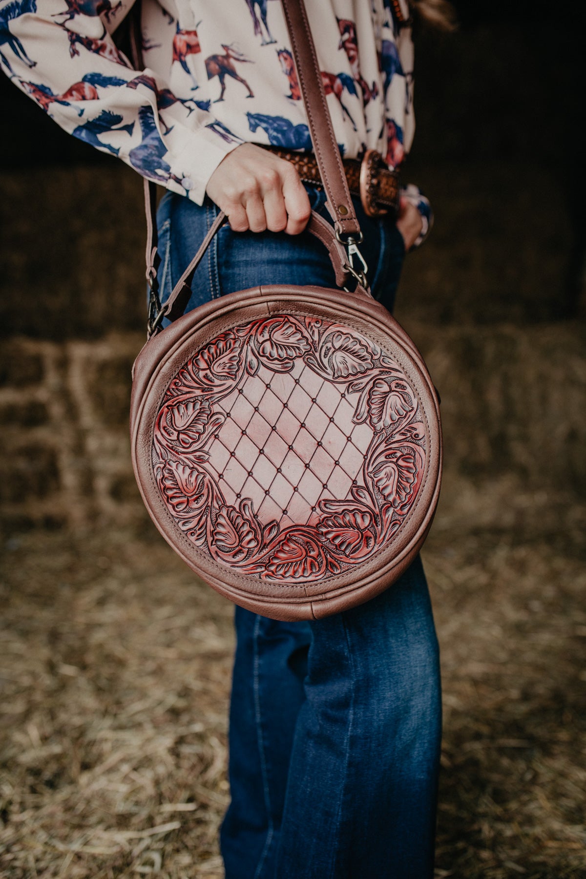 'Rien Maker' Round Tooled Leather Crossbody Purse