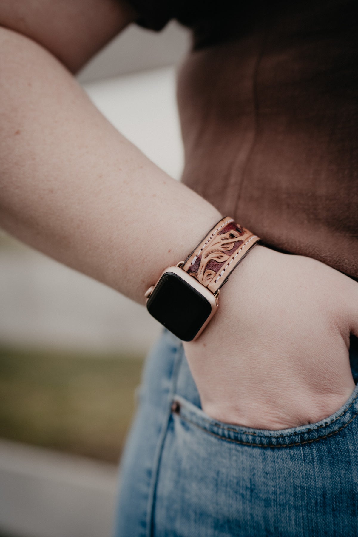 Floral Tooled with Rose Gold Hardware Apple Watch Band by Double J Saddlery
