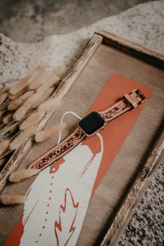 Floral Tooled with Rose Gold Hardware Apple Watch Band by Double J Saddlery