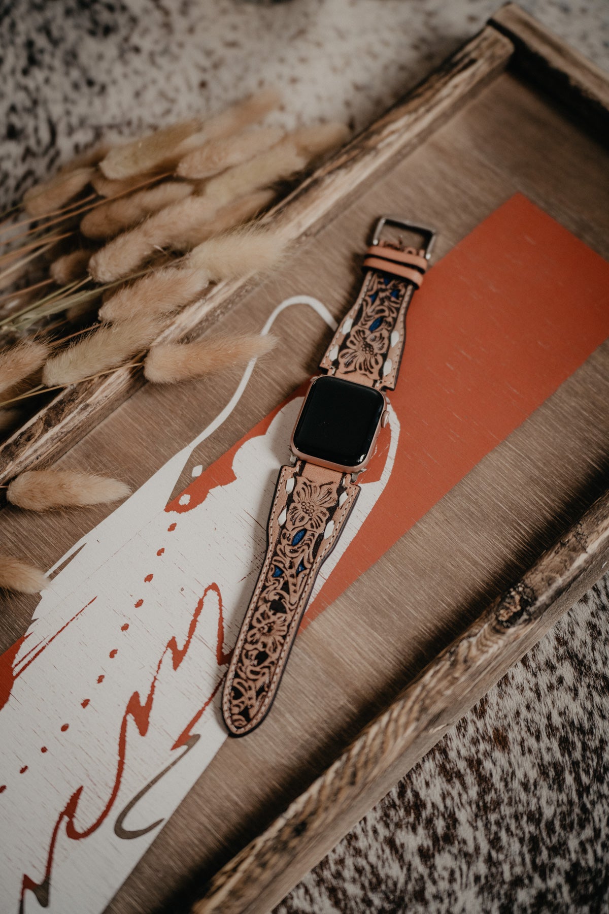Leather Tooled With White Whipstich Nocoma Apple Watch Band (42mm - 44mm)